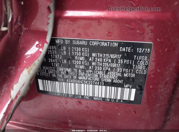 4S4BSAHC5K3274413 2019 SUBARU OUTBACK Red 