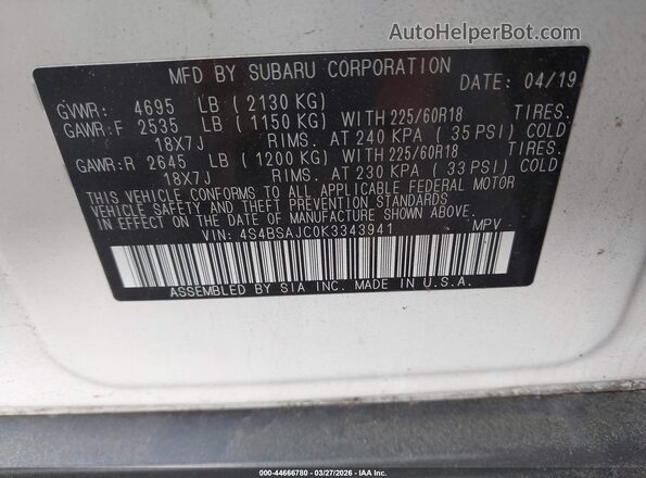 4S4BSAJC0K3343941 2019 SUBARU OUTBACK White 