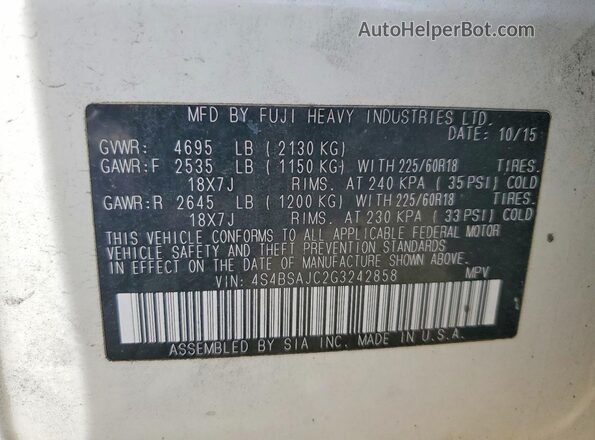4S4BSAJC2G3242858 2016 SUBARU OUTBACK Белый Панорамный вид салона 360°