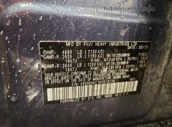 4S4BSAKC1H3378219 2017 SUBARU OUTBACK Blue Vista interior de 360 grados