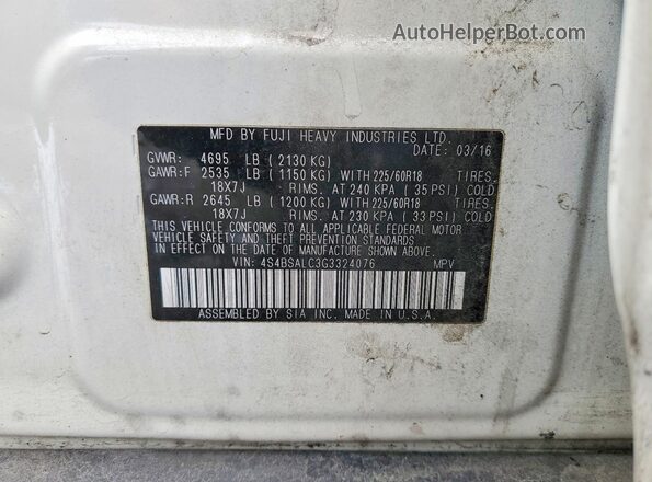 4S4BSALC3G3324076 2016 SUBARU OUTBACK White VIN sticker view