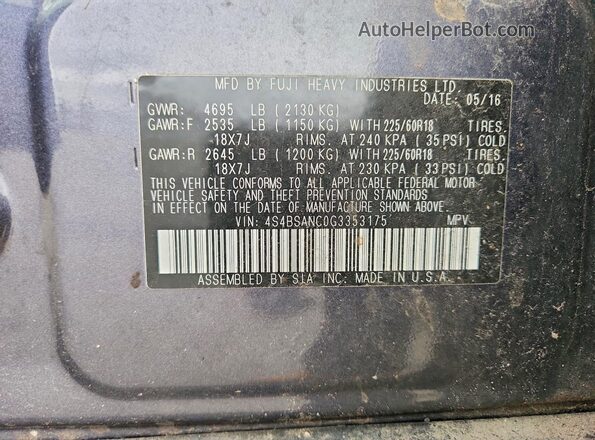 4S4BSANC0G3353175 2016 SUBARU OUTBACK Синий Вид наклейки с VIN-кодом
