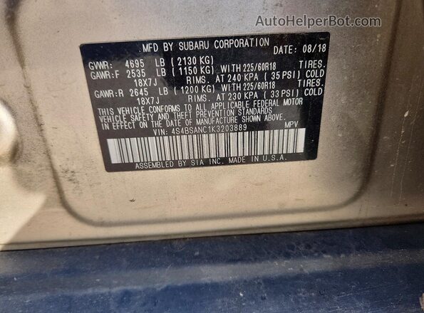 4S4BSANC1K3203889 2019 SUBARU OUTBACK Tan 