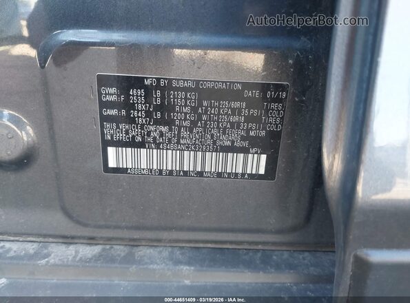 4S4BSANC2K3293571 2019 SUBARU OUTBACK Gray ძრავის განყოფილების ხედი
