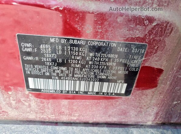 4S4BSANC3J3343022 2018 SUBARU OUTBACK Maroon 