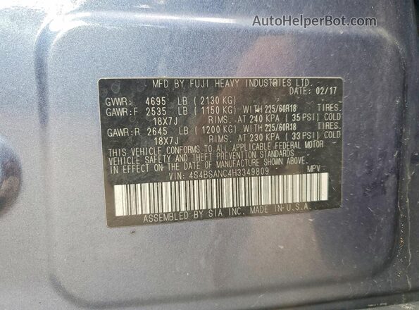 4S4BSANC4H3349809 2017 SUBARU OUTBACK Blue Вид наклейки з VIN-кодом