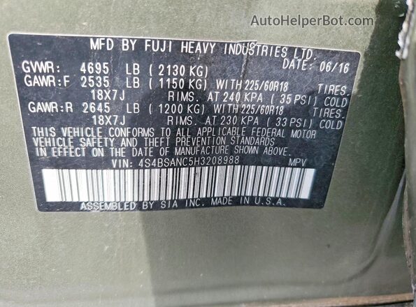 4S4BSANC5H3208988 2017 SUBARU OUTBACK Green 