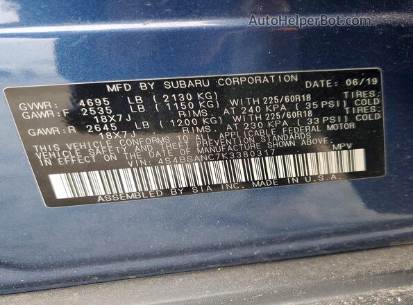 4S4BSANC7K3380317 2019 SUBARU OUTBACK Blue 