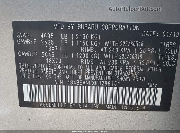 4S4BSANCXK3288151 2019 SUBARU OUTBACK Silver 