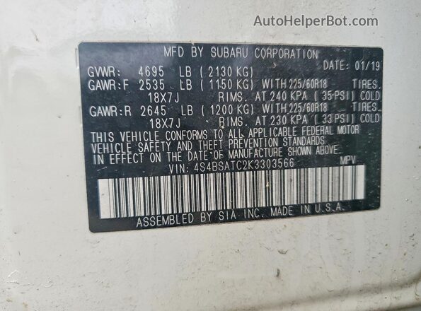 4S4BSATC2K3303566 2019 SUBARU OUTBACK White 