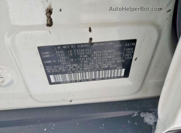 4S4BSATC9K3322700 2019 SUBARU OUTBACK Белый 