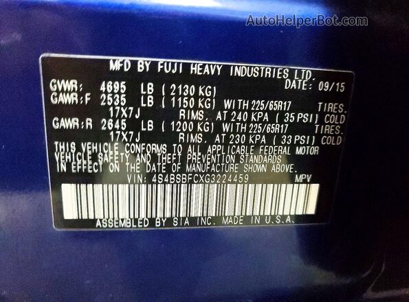 4S4BSBFCXG3224459 2016 SUBARU OUTBACK Синий Вид подкапотного пространства