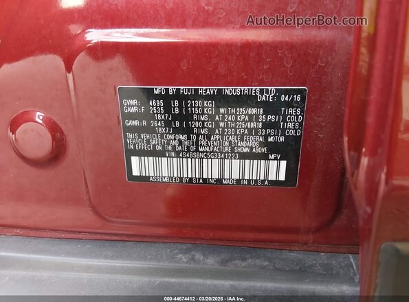 4S4BSBNC5G3341223 2016 SUBARU OUTBACK Red 