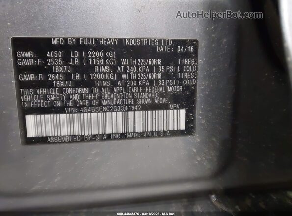 4S4BSENC2G3341942 2016 SUBARU OUTBACK Silver Շարժիչի բաժամունքի տեսք