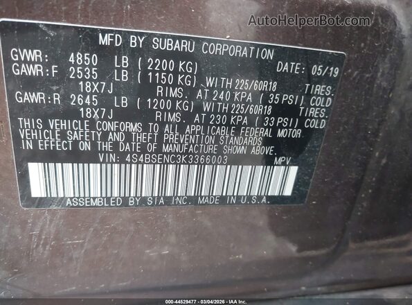 4S4BSENC3K3366003 2019 SUBARU OUTBACK Brown Engine compartment view