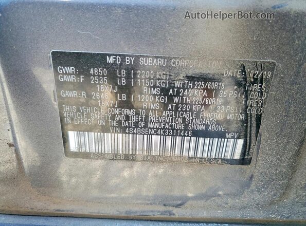 4S4BSENC4K3311446 2019 SUBARU OUTBACK Gray VIN კოდის სტიკერის ხედი