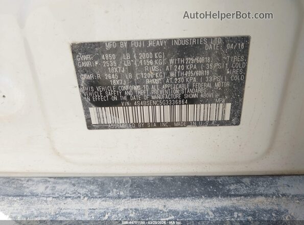 4S4BSENC5G3336864 2016 SUBARU OUTBACK White Շարժիչի բաժամունքի տեսք