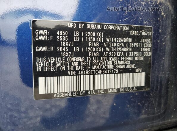 4S4BSETC4H3412479 2017 SUBARU OUTBACK Blue 