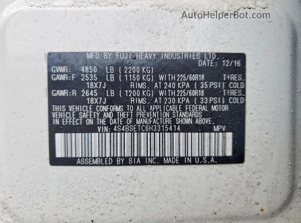 4S4BSETC6H3315414 2017 SUBARU OUTBACK White Widok naklejki z numerem VIN