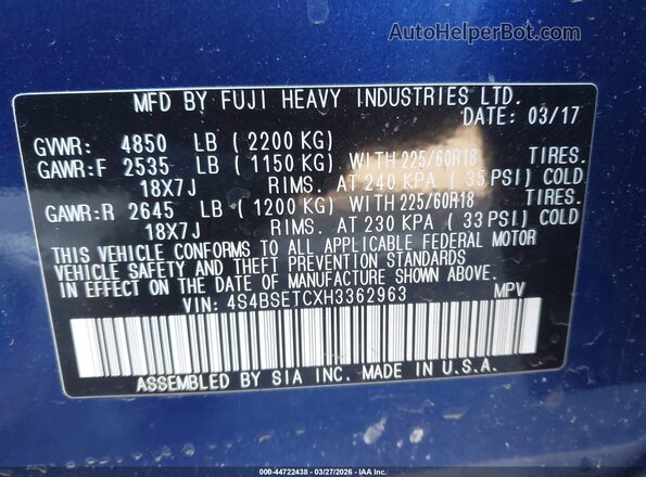 4S4BSETCXH3362963 2017 SUBARU OUTBACK Blue Շարժիչի բաժամունքի տեսք