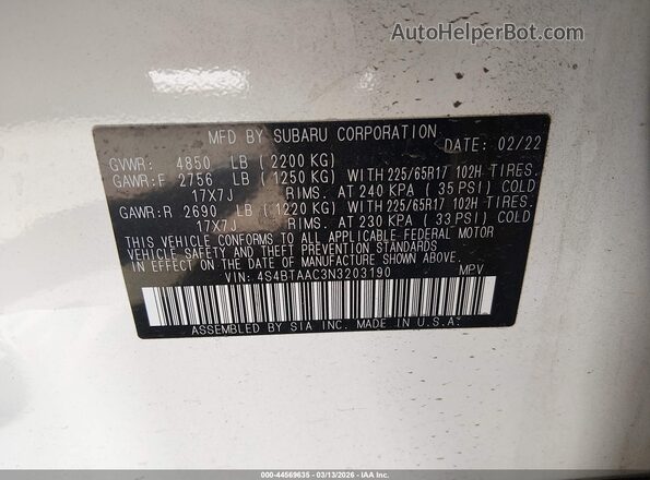 4S4BTAAC3N3203190 2022 SUBARU OUTBACK Белый Вид подкапотного пространства