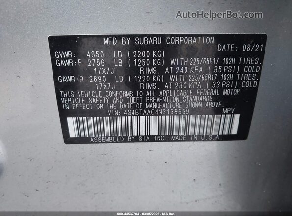 4S4BTAAC4N3138639 2022 SUBARU OUTBACK Silver Вид підкапотного простору