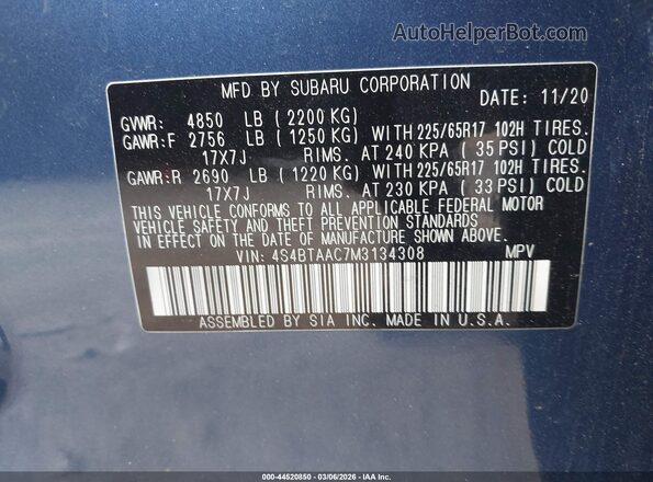 4S4BTAAC7M3134308 2021 SUBARU OUTBACK Синий Вид подкапотного пространства