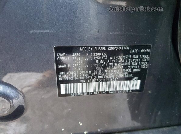 4S4BTACC1L3218247 2020 SUBARU OUTBACK Charcoal 