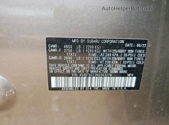 4S4BTACC2N3263278 2022 SUBARU OUTBACK Tan Vista del compartimento del motor