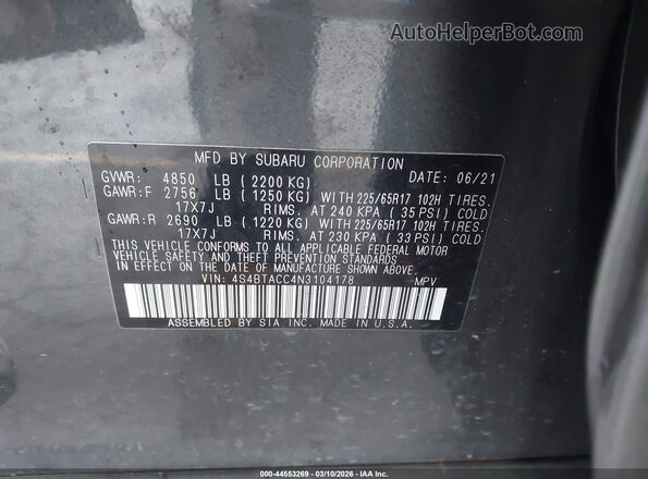 4S4BTACC4N3104178 2022 SUBARU OUTBACK Gray ძრავის განყოფილების ხედი