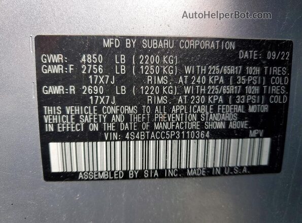 4S4BTACC5P3110364 2023 SUBARU OUTBACK Silver Widok naklejki z numerem VIN