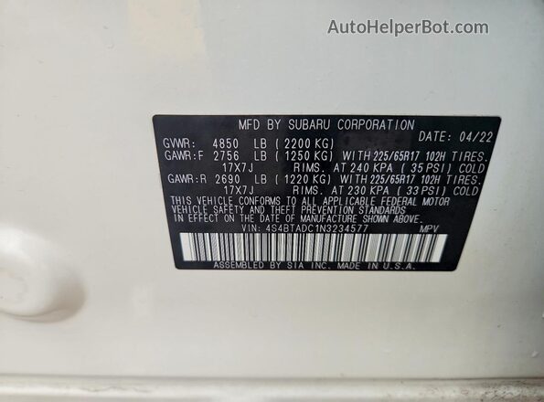 4S4BTADC1N3234577 2022 SUBARU OUTBACK White Vista interior de 360 grados
