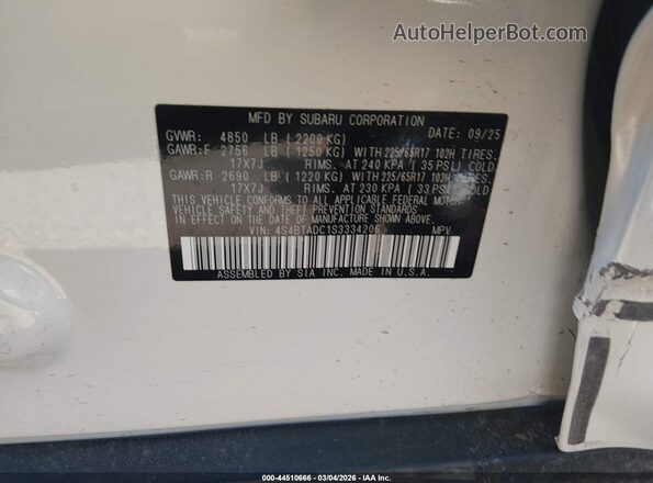 4S4BTADC1S3334206 2025 SUBARU OUTBACK White Շարժիչի բաժամունքի տեսք