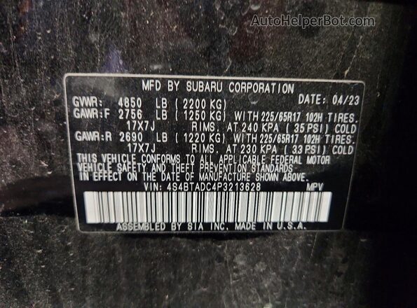 4S4BTADC4P3213628 2023 SUBARU OUTBACK Black Vista de la etiqueta del VIN