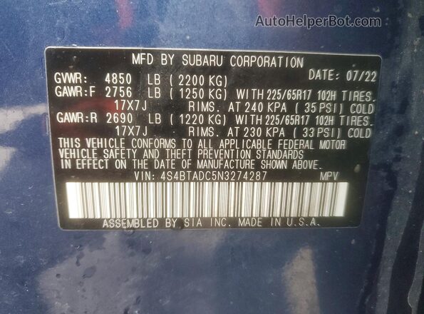 4S4BTADC5N3274287 2022 SUBARU OUTBACK Синий Вид подкапотного пространства