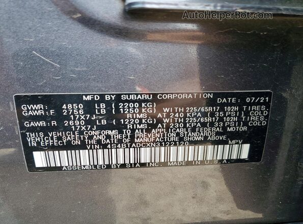4S4BTADCXN3122120 2022 SUBARU OUTBACK Gray Вид наклейки з VIN-кодом