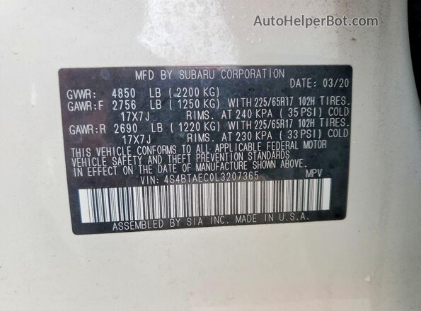 4S4BTAEC0L3207365 2020 SUBARU OUTBACK White 