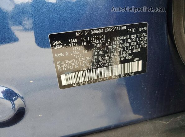 4S4BTAFC1M3120588 2021 SUBARU OUTBACK Blue Vista interior de 360 grados