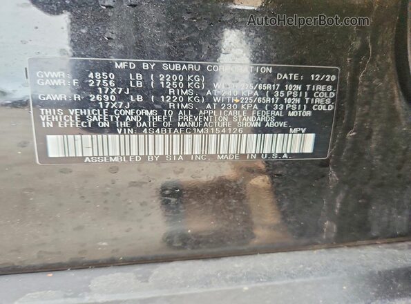 4S4BTAFC1M3154126 2021 SUBARU OUTBACK Black სალონის 360-გრადუსიანი ხედი