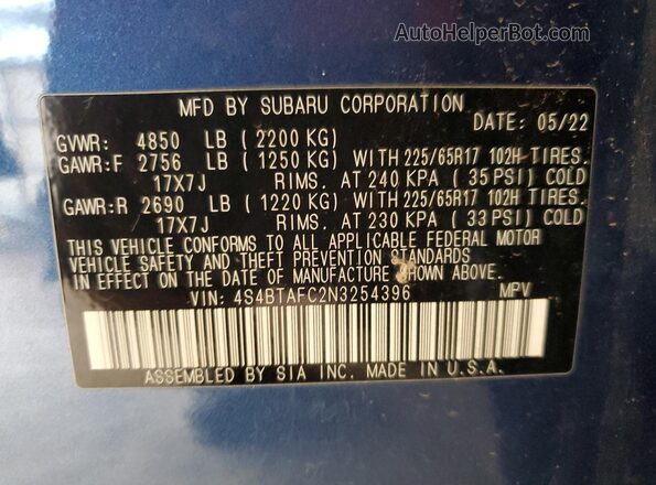 4S4BTAFC2N3254396 2022 SUBARU OUTBACK Blue 