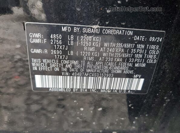 4S4BTAFC4S3152903 2025 SUBARU OUTBACK Black VIN კოდის სტიკერის ხედი