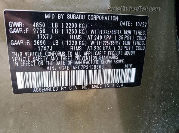 4S4BTAFC7P3138663 2023 SUBARU OUTBACK Зеленый Вид наклейки с VIN-кодом