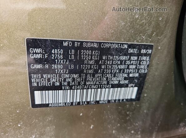 4S4BTAFC8M3112049 2021 SUBARU OUTBACK Green Սալոնի 360 աստիճան տեսք