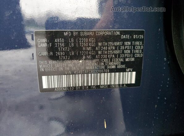 4S4BTAFC8S3200709 2025 SUBARU OUTBACK Blue Widok komory silnika