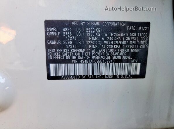 4S4BTAFC9M3169943 2021 SUBARU OUTBACK White Widok wnętrza 360 stopni