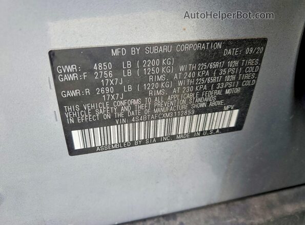 4S4BTAFCXM3112859 2021 SUBARU OUTBACK Silver ძრავის განყოფილების ხედი