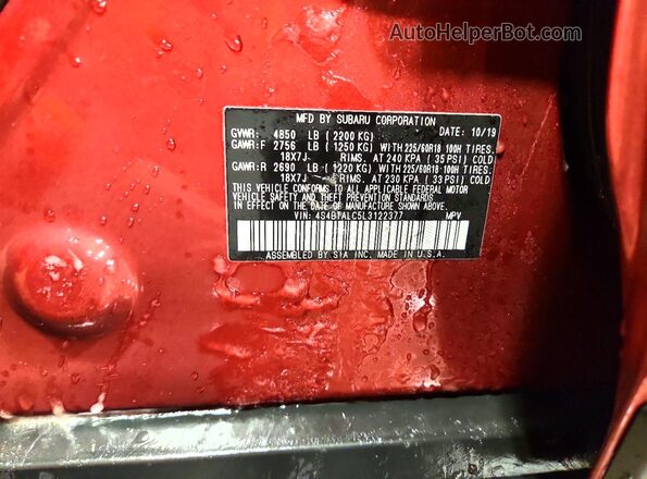 4S4BTALC5L3122377 2020 SUBARU OUTBACK Maroon VIN կոդի պիտակի տեսք