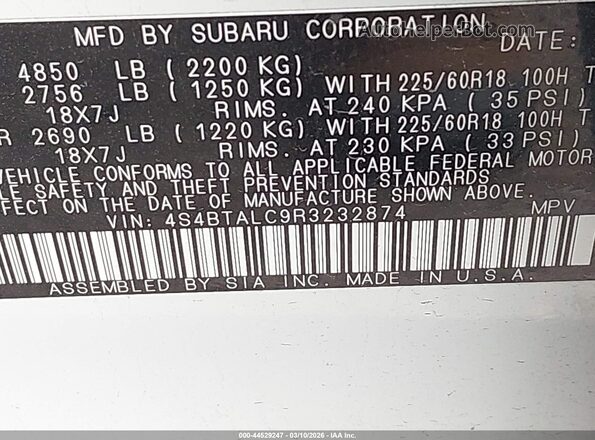4S4BTALC9R3232874 2024 SUBARU OUTBACK Белый Вид наклейки с VIN-кодом