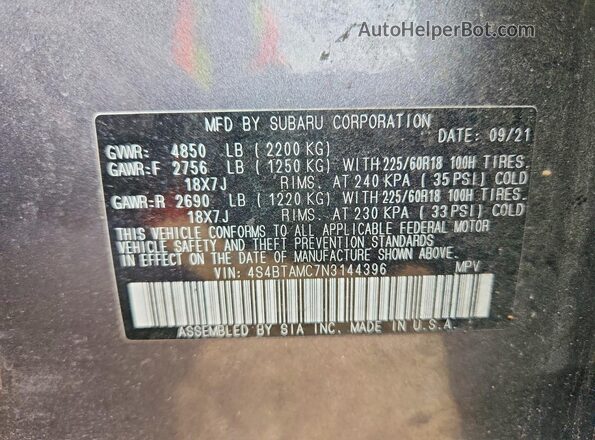 4S4BTAMC7N3144396 2022 SUBARU OUTBACK Gray Widok wnętrza 360 stopni