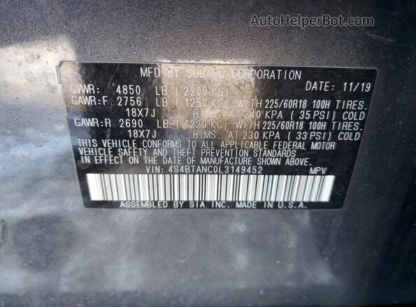 4S4BTANC0L3149452 2020 SUBARU OUTBACK Серый 